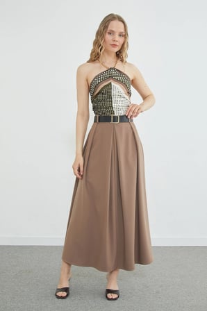 Kemerli Pileli Maxi Boy Etek