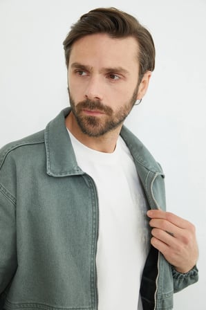 Fermuarlı Polo Yaka Oversize Kot Ceket