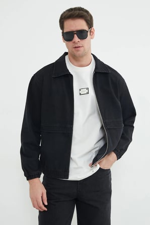 Fermuarlı Polo Yaka Oversize Kot Ceket
