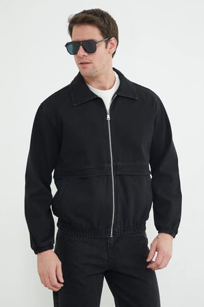 Fermuarlı Polo Yaka Oversize Kot Ceket