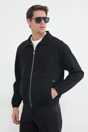 Fermuarlı Polo Yaka Oversize Kot Ceket