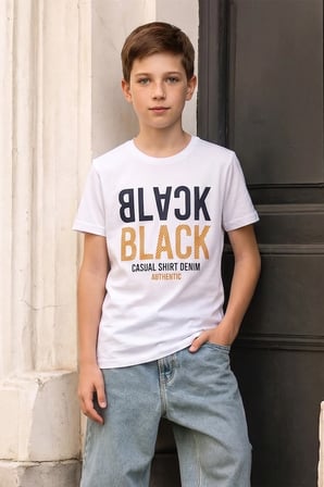 Black Yazı Baskılı Bisiklet Yaka Erkek Çocuk Tişört