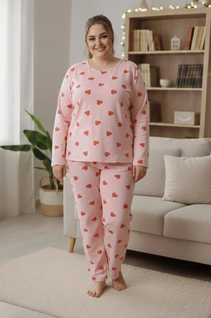 Kalp Desenli Büyük Beden Pijama Takımı