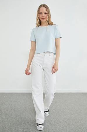 Basic Ribana Yaka Mevsimlik Crop Tişört