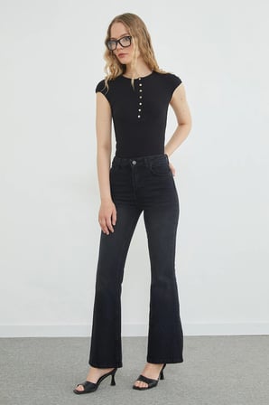Yüksek Bel Fermuarlı Flare Jean
