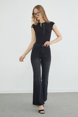 Yüksek Bel Fermuarlı Flare Jean