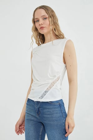 Dantel Detaylı Kayık Yaka Slim Fit Bluz