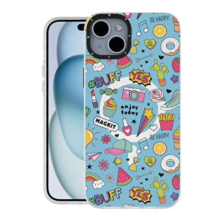 Buff iPhone 15 MagKit Desenli Kılıf Blue Junior