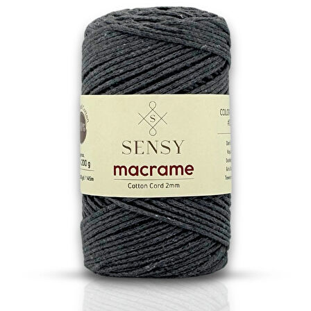 Sensy Koton Pamuk Makrome İpi 2mm Cotton Zincir Makrome Çanta İpi Supla İpi Koton İp Koyu Gri