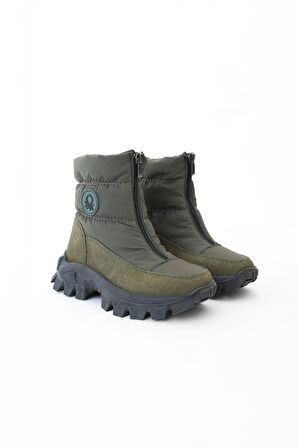 Unisex Çocuk Fermuarlı Kapitone Kalın Tabanlı Kar Botu - Haki | 31