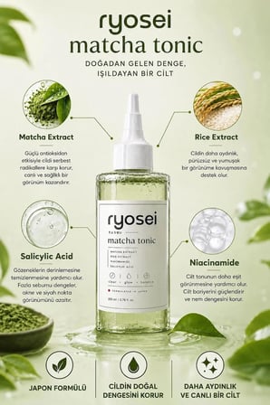 Ryosei Matcha Yüz Toniği 200 ml | Matcha & Pirinç Özlü | Niacinamide + Salisilik Asit | Japon Formüllü
