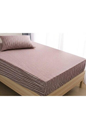 Home Tek Kişilik Kahverengi Renkli Oval Çizgili Derinlikli Lastikli Çarşaf ve Yastık Kılıfı