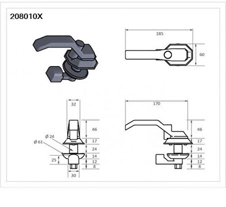 ATLASTEK METAL HAVA SANTRAL JENERATÖR KOMPRESÖR KABİN AĞIR PANEL KOL KİLİT - PLASTİK DÜZ DİL - KİLİTLENEN ANAHTARLI