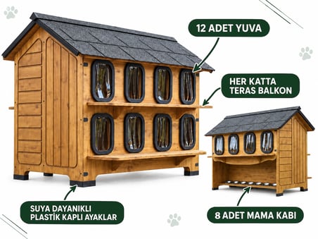 12 Odalı İki Katlı Ahşap Büyük Dış Mekân Kedi Evi – Sokak Kedisi Evi