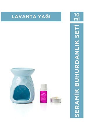 Volkan Ates Natural & Beauty Seramik Buhurdanlık Seti Açık Mavi Renk + Lavandula Angustifolia Saf Lavanta Yağı 10 ml + Mum