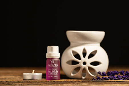Volkan Ates Natural & Beauty Seramik Buhurdanlık Seti Beyaz Renk + Lavandula Angustifolia Saf Lavanta Yağı 10 ml + Mum