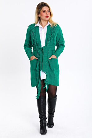 Kadın Saç Örgülü Püsküllü Triko Hırka 019