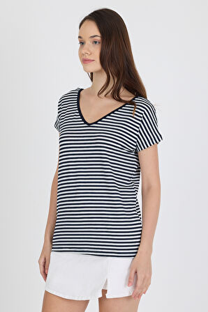 Ön Arka V Yaka Siyah Kadın T-shirt 0003