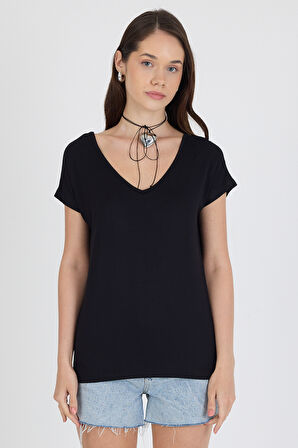 Ön Arka V Yaka Siyah Kadın T-shirt 0003