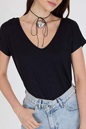 Ön Arka V Yaka Siyah Kadın T-shirt 0003