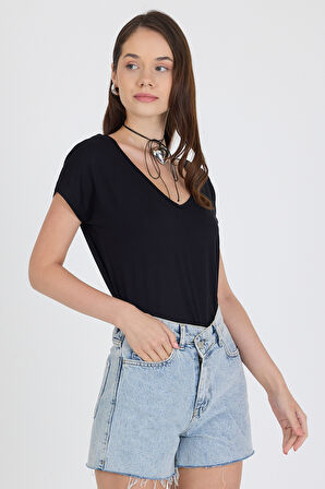 Ön Arka V Yaka Siyah Kadın T-shirt 0003