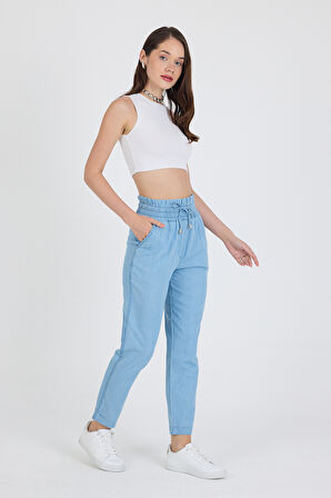 Beli Lastikli Duble Paça Bağcıklı Pamuk Kot Kadın Pantolon 5011