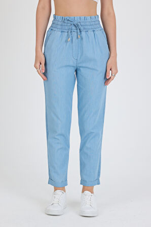 Beli Lastikli Duble Paça Bağcıklı Pamuk Kot Kadın Pantolon 5011