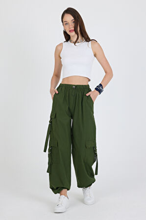 Beli Lastikli 3 Cep Tokalı  pamuk Kargo Cep Kadın Pantolon 1447