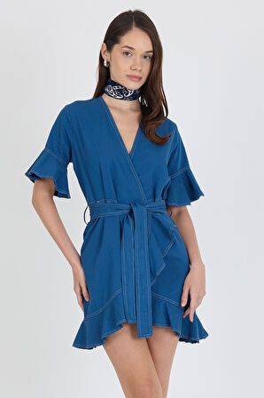 Kadın Kruvaze Önden Bağlamalı Kemerli Kot Görünümlü Elbise 1448