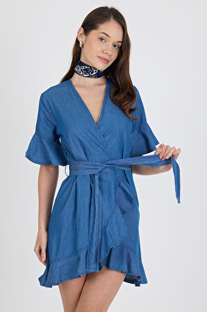 Kadın Kruvaze Önden Bağlamalı Kemerli Kot Görünümlü Elbise 1448