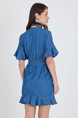 Kadın Kruvaze Önden Bağlamalı Kemerli Kot Görünümlü Elbise 1448