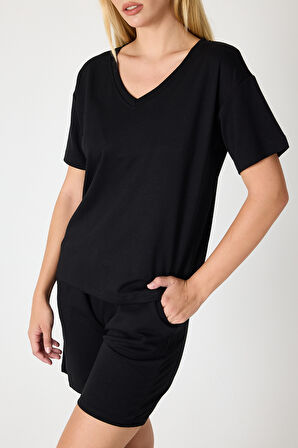 Kadın V Yaka Kısa Kol Şort Takım 2996