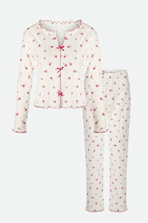 Kadın Pamuklu Çıtır Çiçek Desenli Baby Overloklu Fiyonk Detaylı Uzun Kollu Pijama Takımı