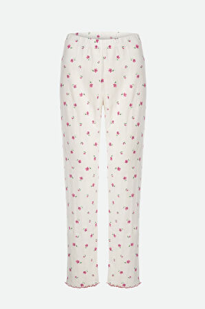 Kadın Pamuklu Çıtır Çiçek Desenli Baby Overloklu Fiyonk Detaylı Uzun Kollu Pijama Takımı