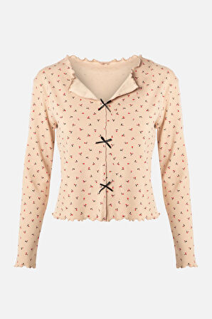 Kadın Pamuklu Çıtır Çiçek Desenli Baby Overloklu Fiyonk Detaylı Uzun Kollu Pijama Takımı