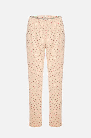 Kadın Pamuklu Çıtır Çiçek Desenli Baby Overloklu Fiyonk Detaylı Uzun Kollu Pijama Takımı