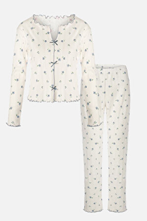 Kadın Pamuklu Çıtır Çiçek Desenli Baby Overloklu Fiyonk Detaylı Uzun Kollu Pijama Takımı