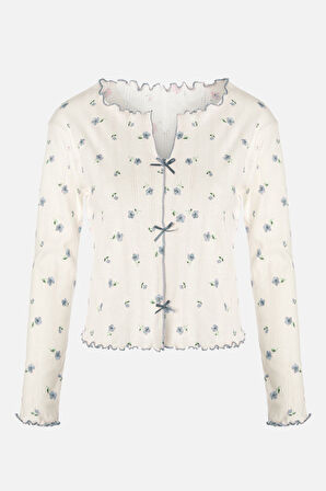 Kadın Pamuklu Çıtır Çiçek Desenli Baby Overloklu Fiyonk Detaylı Uzun Kollu Pijama Takımı