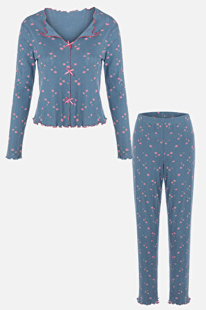 Kadın Pamuklu Çıtır Çiçek Desenli Baby Overloklu Fiyonk Detaylı Uzun Kollu Pijama Takımı