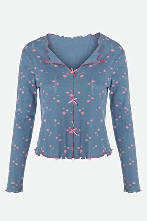 Kadın Pamuklu Çıtır Çiçek Desenli Baby Overloklu Fiyonk Detaylı Uzun Kollu Pijama Takımı