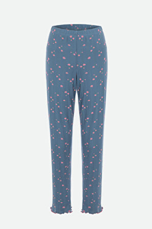 Kadın Pamuklu Çıtır Çiçek Desenli Baby Overloklu Fiyonk Detaylı Uzun Kollu Pijama Takımı