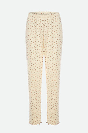 Kadın Pamuklu Çıtır Çiçek Desenli Baby Overloklu Fiyonk Detaylı Uzun Kollu Pijama Takımı