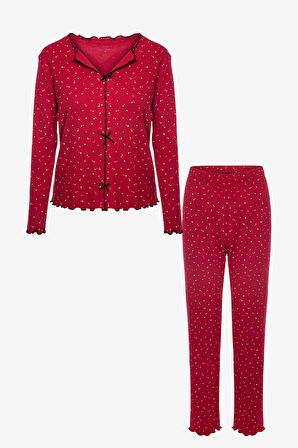 Kadın Pamuklu Çıtır Çiçek Desenli Baby Overloklu Fiyonk Detaylı Uzun Kollu Pijama Takımı