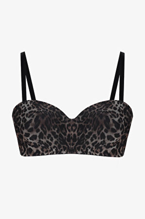 Kadın Dolgusuz Tül Detaylı Leopar Desenli Toparlayıcı Straplez Sütyen