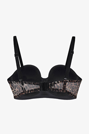 Kadın Dolgusuz Tül Detaylı Leopar Desenli Toparlayıcı Straplez Sütyen
