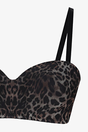 Kadın Dolgusuz Tül Detaylı Leopar Desenli Toparlayıcı Straplez Sütyen
