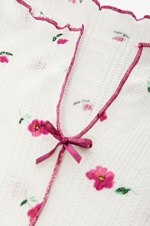 Kadın Çiçek Desenli Fiyonklu Kaşkorse Kısa Kollu Şort Takım