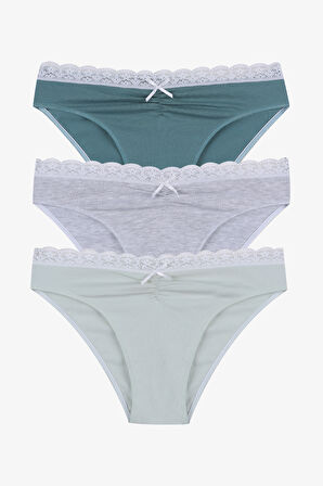 Kadın Ön Bel Dantelli Büzgülü ve Fiyonk Detaylı Lastikli Külot 3'lü