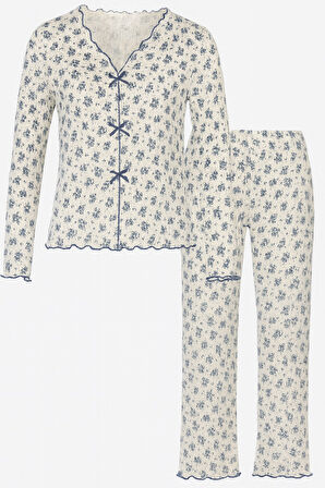 Kadın Pamuklu Çıtır Çiçek Desenli Baby Overloklu Fiyonk Detaylı Uzun Kollu Pijama Takımı