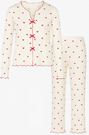 Kadın Pamuklu Çıtır Çiçek Desenli Baby Overloklu Fiyonk Detaylı Uzun Kollu Pijama Takımı